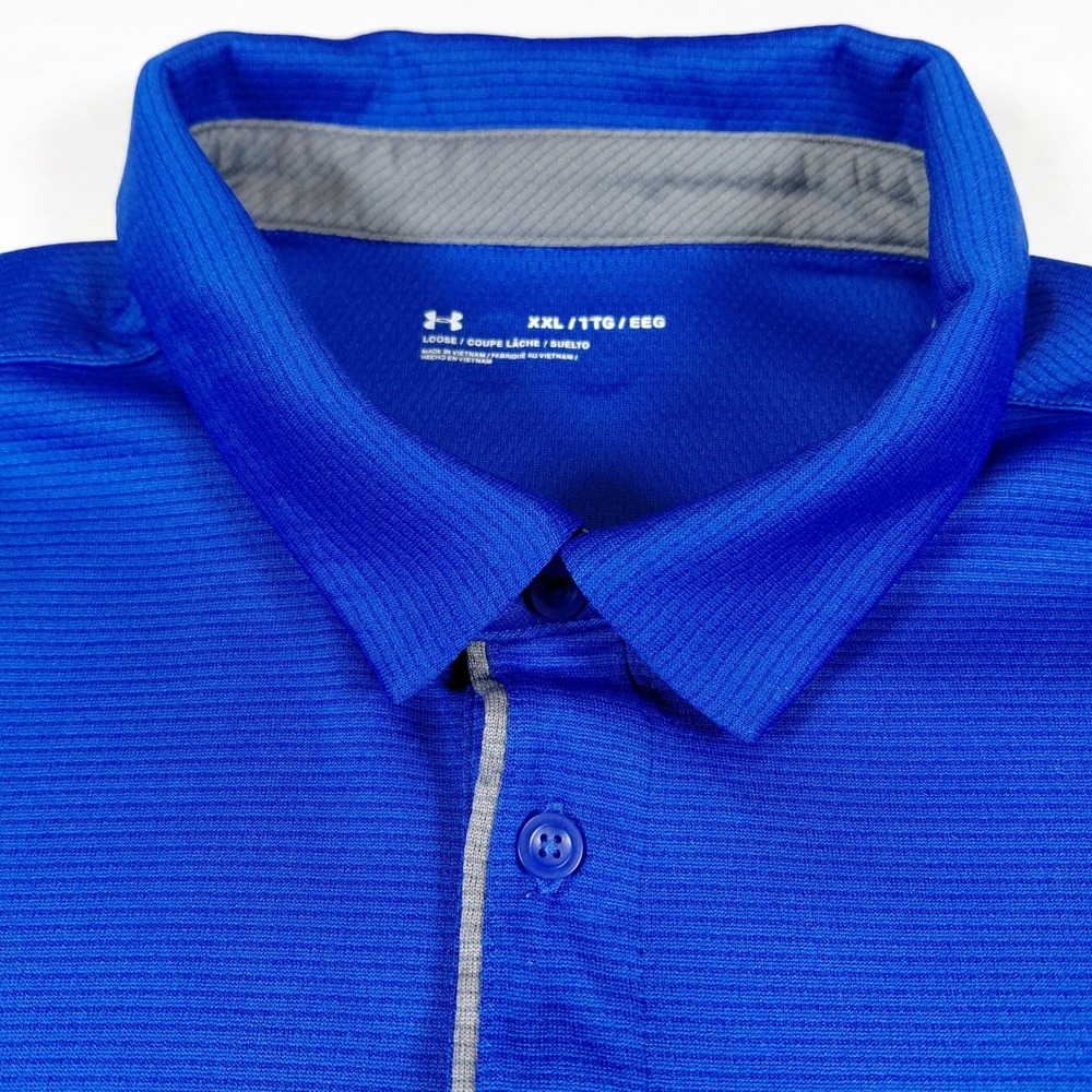 Under Armour Mens XXL Blue Textured Performance Polo Shirt Loose Short Sleeve - Picture 2 of 11